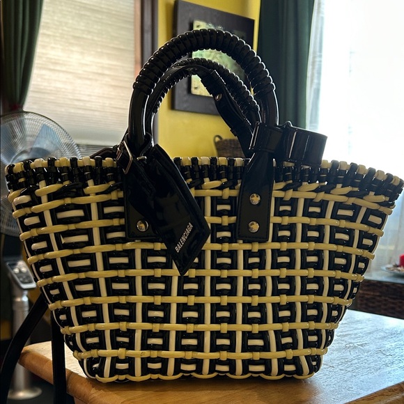 Balenciaga Black and Cream Basket Weave Tote - Picture 1 of 8
